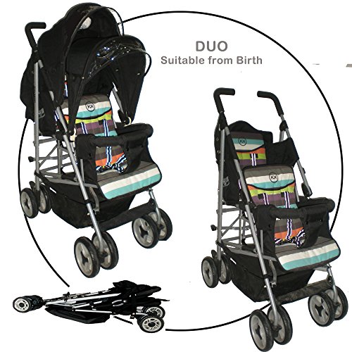 DUO Double buggy Twin Tandem Pushchair stroller 2 seat units, fully reclining lie back at the rear for newborn, front fixed seat from 6 months. Complete with rain cover. Candy stripe by Kidz Kargo