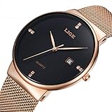 LIGE Mode Klassisch Unisex Damenuhren Herrenuhren Gold Schwarz Luxus Wasserdicht Edelstahl Mesh Armbanduhr Analoge Quarz Datum Uhr 9801