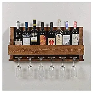 Indigo interiors Alvarado Wine Rack Gloss Holder, Wall Mounted Wine Racks, 8 Bottles, Hangers for 6 Wine Glasses (Teak)