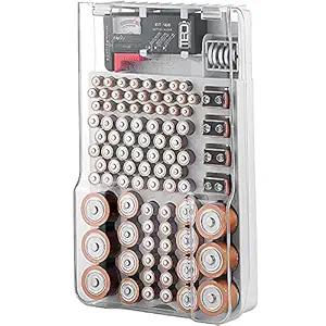 The Battery Organizer Storage Case with Hinged Clear Cover, Includes a Removable Battery Tester, Holds 93 Batteries Various Sizes