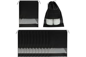 EMODWEY Pack of 12 Shoe Bags, Wasserdicht und Staubdicht, Reise Schuhsack mit Kordelzug, Transparentes Fenster, Multifunktionaler Organizer, Schwarz (44 x 32 cm)