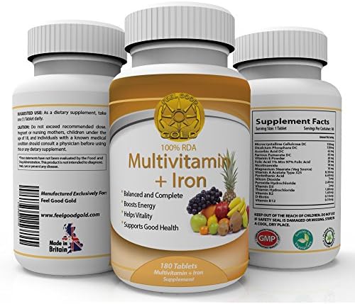 Multivitamin + Iron Daily Vitamins 180 Tablets - A B1 B2 B6 C D and E - 100% RDA - boosts energy and vitality for Men and Women - made in the UK for Feel Good Gold. (180 Tablets)