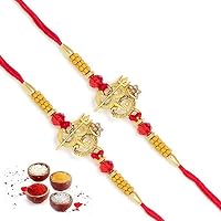 Send Rakhi For Brother Om And Trishul Gold Pendant With Yellow Pearl Desinger Thread Rakhi For Brother Set of Two | Rakhi For Rakshabandhan With Greeting Card (PPS4254-2jewel)