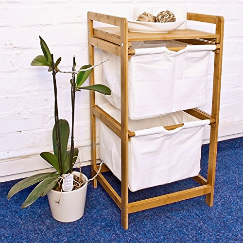 Relaxdays Wäschesammler LINEA Bambus H x B x T: ca. 73 x 37 x 33 cm Wäschekorb mit 2 Fächern als Ablage als praktischer Wäschepuff aus waschbarem Leinen zum Herausziehen mit seitlichen Griffen, natur - 2