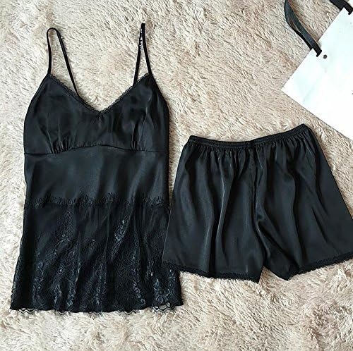 Meigui Women Pajamas Sexy Lace Silk Pyjamas Set Lingerie Clothes For Women Black Straps Pijama Ladies Bathrobe Sleepwear Pajama Suit,As The Photo Show,M