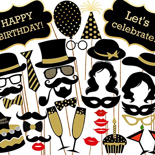 Veewon Geburtstagsfeier Fotorequisiten Foto Booth Props 35pcs DIY Kit Geburtstagstorte, Happy Birthday Zeichen, Schnurrbart, Gläser, Krawatten, Lippen für Geburtstagsfeier - 4