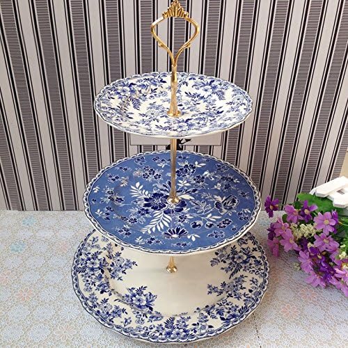 Pastoral style blue and white porcelain, Chinese and Western tableware and bowl tea cup coffee cup,Three layers of cake plate