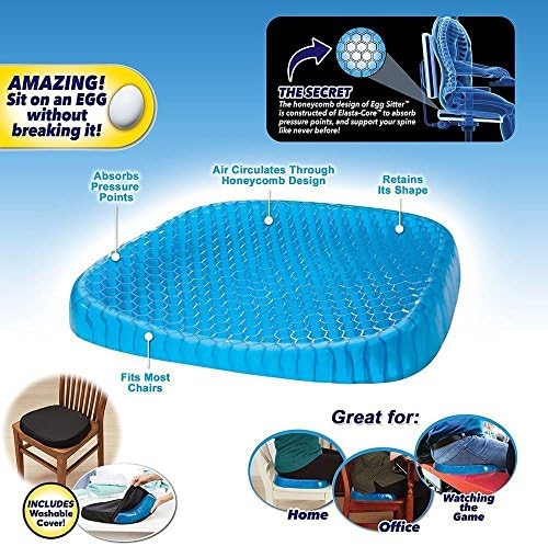 Premium Egg Sitter Seat Cushion Pad, Ergonomics Breathable Honeycomb Designed Soft Gel Pad, Mat with Non-Slip Washable Cover for Car, Office Chair, Wheelchair, Outdoor Patio Wicker Cane Rattan Wooden Metal Chair