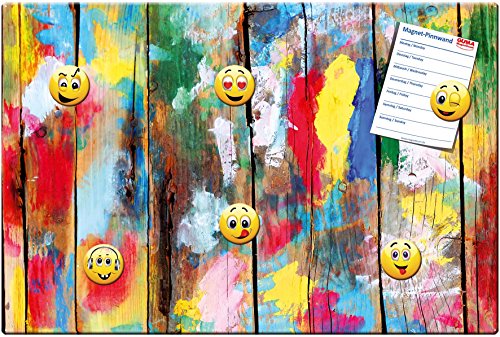 Holzwand Kunterbunt - Kreative Design Metall Magnettafel 60x40 cm - Pinnwand Memoboard mit Motiv: Gute Laune Holzwand Kunterbunt - inkl. 6 Smiley Magnete Happy Faces für Magnetwand - Original Magnetpinnwand GUMA Magneticum