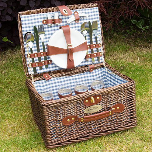 Andes 4 Person Luxury Wicker Picnic Basket Hamper Set, Includes Cool