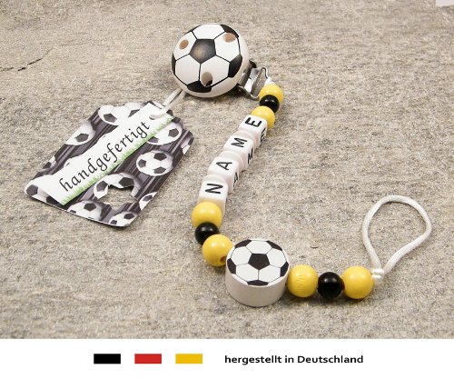 Baby SCHNULLERKETTE mit NAMEN | Motiv Fussball in Vereinsfarben – schwarz, gelb - 2