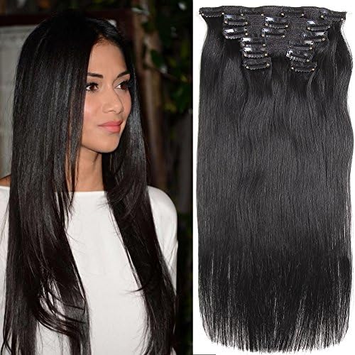 14”- 20” Human Hair Clip Straight Remy Virgin Hair 80 Grams/2.82oz 7 Pieces 16 Clips Brazilian Clip In Extensions Natural Black 1B. (20inch)