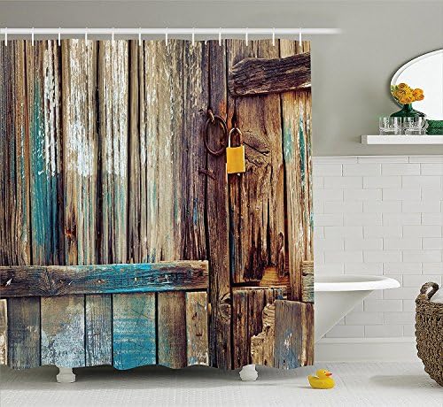 Rustic Country Wood Door Bath Shower Curtain, Aged Shed Door Backdrop with Color Details Country Living Exterior Pastoral Mansion Image, Fabric Bathroom Decor Set with Hooks, 72 Inches, Brown