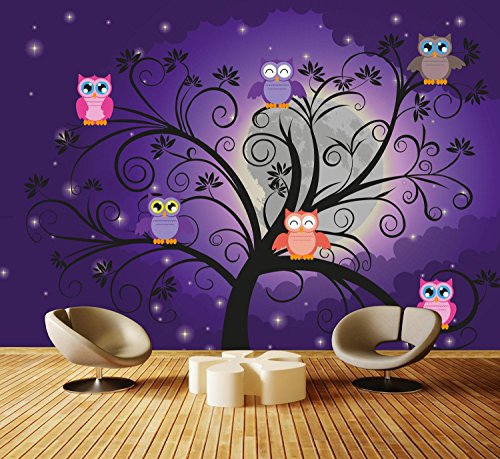 Fototapete Eulen auf einem Baum Tapete Kunstdruck Wandbild Vliestapete XXL | M 250 x 175 cm - 5 Teile | Vlies