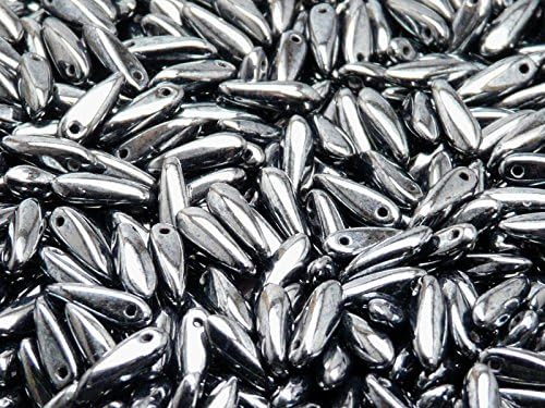50 Pieces Czech Glass Dagger Beads Small 3x10mm, Jet Hematite