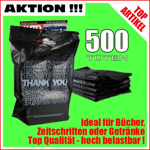 500 Plastiktüten Einkaufstüten Tragetaschen mit Henkel schwarz mit weißen Aufdruck Thank You Tragetüten 45x34cm stabil