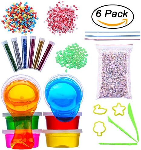 Children DIY Slime Toys Kit - 6 Pack Crystal Slime, 6 Bottles Glitter Shaker Jars, 3000pcs Colored Stars + Cherry Blossoms Decoration, 3500pcs Colorful Foam Balls, 100pcs Grow in the Dark Beads