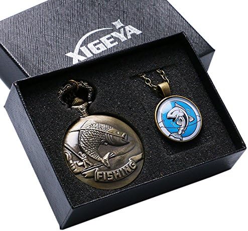 XIGEYA Bronze Fishing Angling Quartz Pocket Watch Necklace Pendant Mens Gift