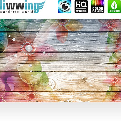 Vlies Fototapete 312x219cm PREMIUM PLUS Wand Foto Tapete Wand Bild Vliestapete – Holz Tapete Holzoptik Blumen Blüten Punkte bunt – no. 2296 - 2