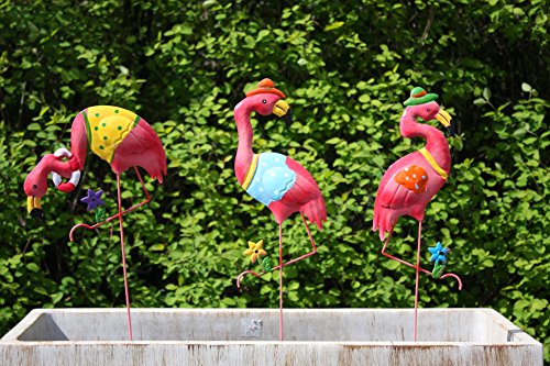 3er Set Flamingo Gartenstecker, Deko Garten aus Metall