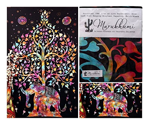 Handicrunch Elefant Baum Bildteppich, Good Luck White Elephant Teppich, Hippie Gypsy Wandbehang , Baum des Lebens Teppich, New Age Dorm Tapestry (Multi / Schwarz) - 2