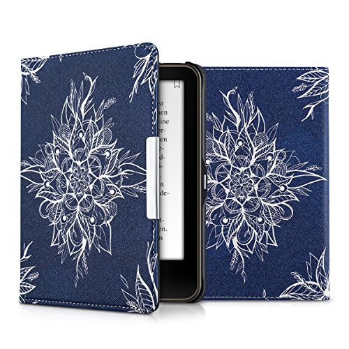 kwmobile Hülle für Tolino Vision 1 / 2 / 3 / 4 HD - Flipcover Case eReader Schutzhülle - Bookstyle Klapphülle Batikblume Design Weiß Dunkelblau