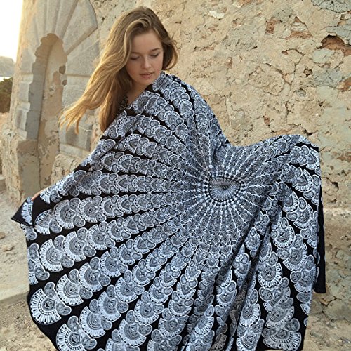 urbancharm- schwarz & weiß indischen Pfauenfeder Mandala rund Roundie Beach Überwurf Tapisserie Hippie Boho Gypsy Baumwolle Tischdecke Strandtuch - 2