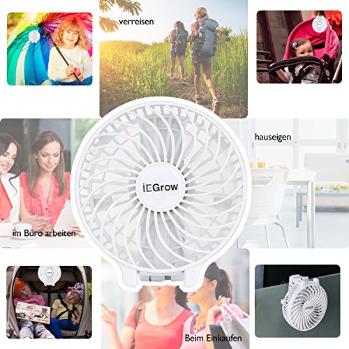 iEGrow USB Ventilator Leise Mini Handventilator Ventilatoren Lüfter mit Batterie Weiß - 8