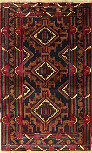3'8 x 6'9 Baloochi Tribal Afghani Design Area Rug with Wool Pile - | a 4x7 Small Rug | An Authentic Hand Knotted Caucasian Design Rug