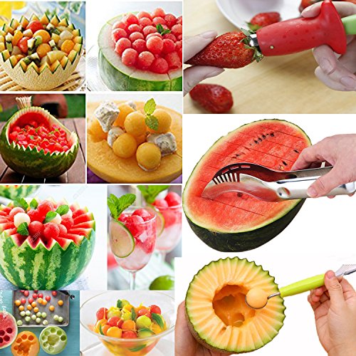 Wassermelonen Messer, PEMOTech 3 in 1 sicher und leicht zu benutzende Obstzeug in der Küche, 304 rostfreier Stahl, Wassermelonenschneider, und -Entkerner, Messer+ Balllöffel für Melonen+ Schälenzeug für Erdberren, perfekt für Obstsaladmachen. - 2
