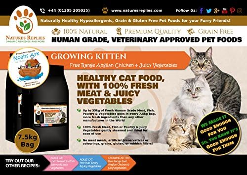 NATURES REPLIES: Natural Healthy Human Grade Veterinary Approved Grain Gluten Rice Free Best Growing KITTEN CAT Food Free Range CHICKEN Flavour in 7.5Kg Bags. Aids Joints and Bones Mobility Cognitive Function Visual Development Reduces Inflammation Hypoallergenic Pet Foods Nutrition Clean Cat Food Mats &amp; Bowls. Use as Kibble Edibles or Healthy Treats for ALL Breeds. ONLINE FREE FAST DELIVERY