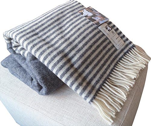 Dark Blue with Cream Stripe Blanket 100% Scandinavian New Wool Approx. 200 x 130 CM with Fringing 860 g