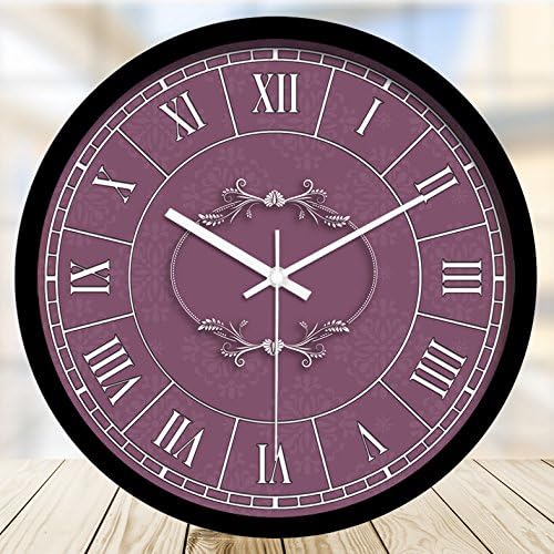 Pingofm Simple purple pattern clock decoration Hotel style European wall clock Quartz clock silence hanging watch 147 wall clock,14 inches, black metal frame white needle