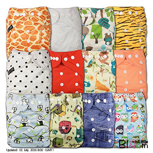 LittleBloom, Reusable Pocket Cloth Nappy, Fastener: Popper, Set of 12, Patterns 1210, With 12 Microfibre and 12 Bamboo Inserts