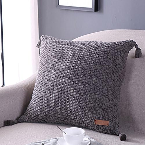 Knitting Cotton Throw Pillow Cushion Cover Case with Tassel 45x45cm Square Dark Grey