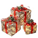 Requiere seis pilas AA WeRChristmas 25/20/15 cm Sisal y ratán pre-Lit LED de luz Blanca cálida en Caja de Regalo y Rojo Cinta de árbol de Navidad, Juego de 3