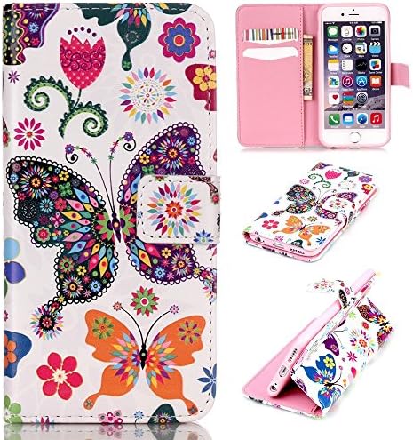 iGrelem® Wallet Leather Case for iPhone 7 [with Free Tempered Glass Screen Protector], Dandelion, Love Heart, Rose, Butterfly, Colorful Pattern PU Leather Case for iPhone7, Apple iPhone 7 4.7 Inch Protective Cover (Butterfly, Multicolor)