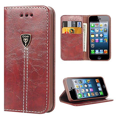 Funda iPhone 5S  iDoer iPhone 5S Funda con tapa libro piel y TPU cartera cover Funda de cuero carcasa bumper protectores estuches soporte flip Case para Apple iPhone 5 5S SE marr  n