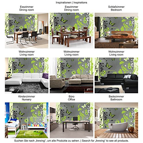Fototapete 368×254 cm PREMIUM Wand Foto Tapete Wand Bild Papiertapete – Ornamente Tapete Blume Blüte Blätter Schmetterling Ranke grün – no. 2946 - 5