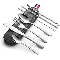 KOHMUI Outdoor Reisebesteck, Campingbesteck aus Edelstahl mit Filztasche, 7-teilige Besteckset mit 2 Löffel, Messer…