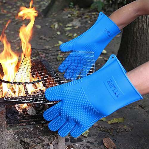 TTLIFE 2Sets Grillhandschuhe Extrem hitzebeständig BBQ Handschutz Handschuhe Ofenhandschuhe premium Qualität Kochhandschuhe (Blau 1) - 3