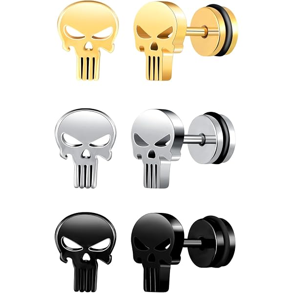 Boucles D'Oreilles Punisher Crâne | Acier Inox | Faux Plug Gothique | Pour Homme