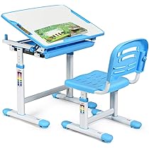 Scrivania E Sedia Regolabile Per Bambini - Set Multifunzione Con Cassetto, Blu/Grigio/Rosa