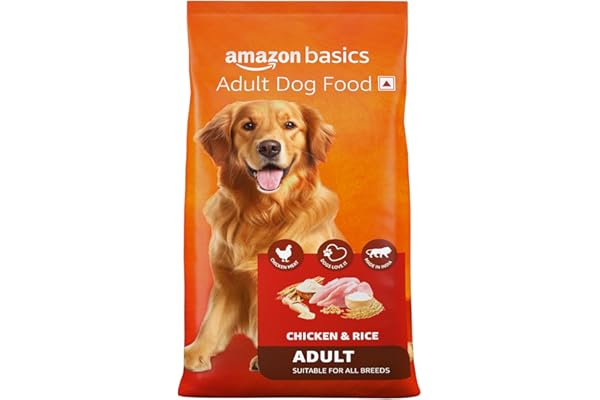 Amazon Basics Dry Dog Food 10 Kg Chicken & Rice with Real Chicken Meat Kibble for Adult Dogs Packed with Protein Suitable for All Breeds