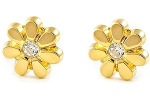 MONDE PETIT Boucles d'Oreilles Bébé Fille Enfant marguerite fleur Zircone Or Jaune 18 Carats - Coffret cadeau - Certificat de garantie - Mondepetit