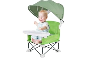 AUFQUWK Baby High Chair, Foldable Booster Seat Dining Chair, Portable Baby Beach Chair with Removable Tray and Sunshade, Baby Seat Travel HighChair, Baby Feeding Chair for Outdoor Picnics, Parties, Camping