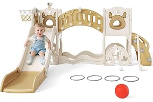 STYPLZ Toboggan pour enfant, grand toboggan avec panier de basket, cadre d'escalade pour le jardin, télescopique, espace de rangement, pour 1 à 3 ans, extra long 1700 mm ((modèle Elk Slide-Active 7 en 1
