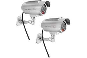 Twilight Garage 2 Packs Dummy Camera Waterproof Bullet Simulated CCTV Fake Security Camera with Flashing Red LED Light & Warning Security Alert Sticker, Indoor Outdoor Use(Silver)