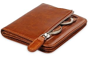FT FUNTOR Small Wallet for Woman with Card Ladies Bifold Zipper Pocket RFID Blocking Leather Wallet Purse (Wax Brown)