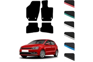 GCM - Car Floor Mats for Volkswagen Polo 2009-2018 Full Coverage Floor Protection - Anti Slip & Fit Car Mat with Clips Easy to Clean Car Carpet for All-Weather- Red Edging, Carpet